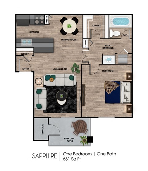 Floor plan for 1 bed, 1 bath, 681 sqft